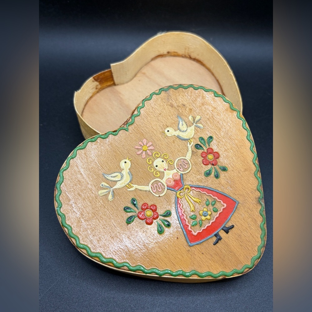 Vintage Hand Painted Austrian Heart Shaped Female Figure & Bird Folk Trinket Box